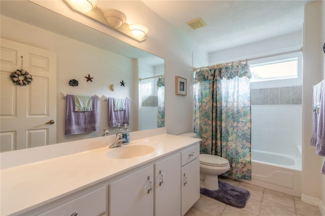 full bath featuring visible vents, toilet, shower / tub combo with curtain, tile patterned flooring, and vanity