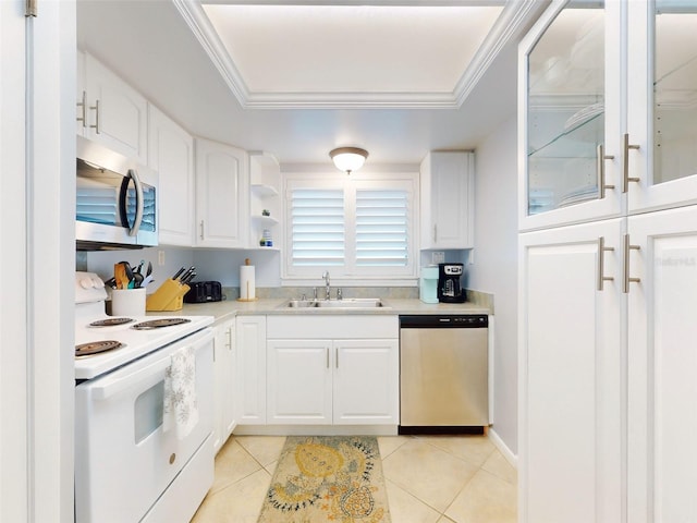 kitchen featuring stainless steel appliances, a tray ceiling, a sink, and ornamental molding