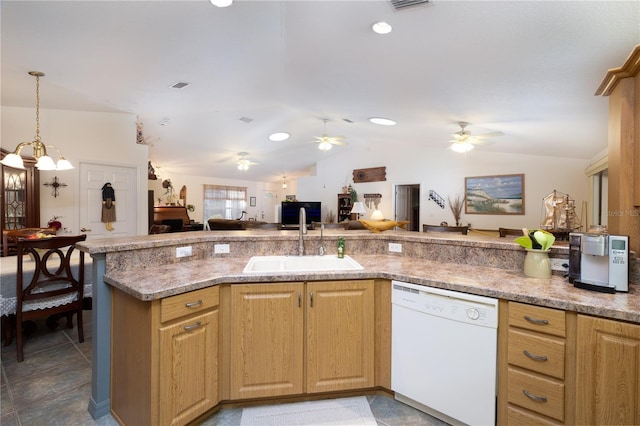 2576 Shilo Glynn Ln, New Smyrna Beach, FL 32168 - kitchen featuring dishwasher, ceiling fan, lofted ceiling, a sink, and open floor plan