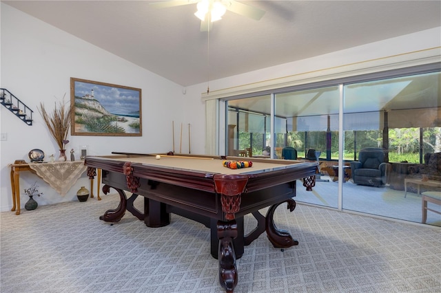 2576 Shilo Glynn Ln, New Smyrna Beach, FL 32168 - recreation room featuring carpet flooring, vaulted ceiling, pool table, and a ceiling fan