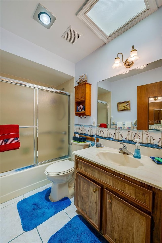 full bathroom with toilet, tile patterned flooring, visible vents, and enclosed tub / shower combo