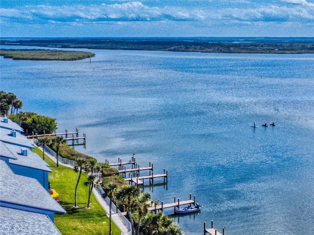 property view of water with a dock