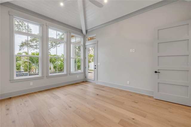 unfurnished room with vaulted ceiling with beams, light wood-style flooring, a ceiling fan, wood ceiling, and baseboards