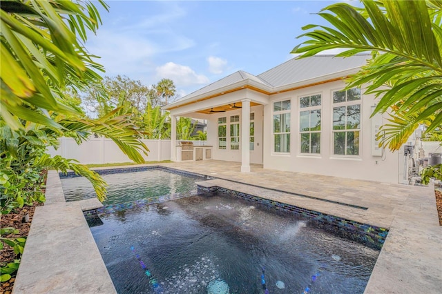 view of swimming pool featuring a ceiling fan, a fenced in pool, a fenced backyard, and a patio