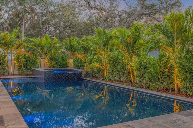 outdoor pool with an in ground hot tub and fence private yard