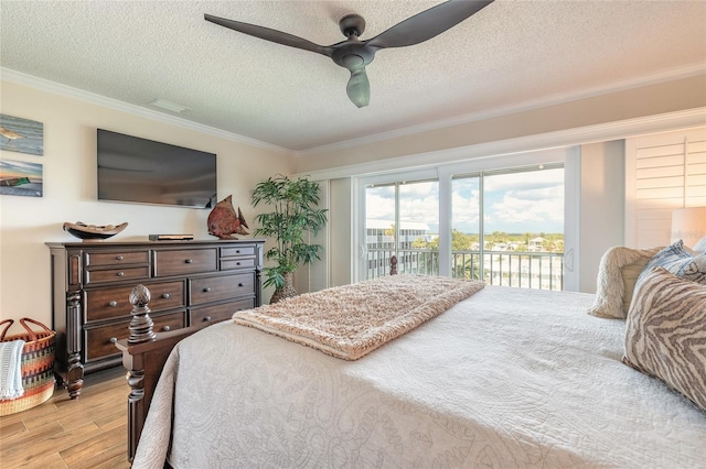 bedroom featuring a textured ceiling, a ceiling fan, light wood-style floors, access to exterior, and ornamental molding