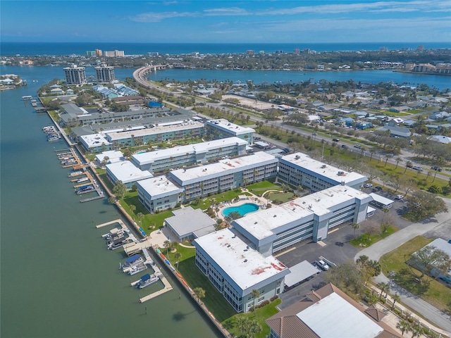 drone / aerial view featuring a water view