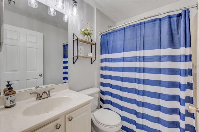 bathroom featuring visible vents, toilet, curtained shower, a textured ceiling, and vanity