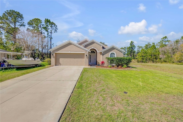 ranch-style home featuring concrete driveway, a front lawn, an attached garage, and stucco siding