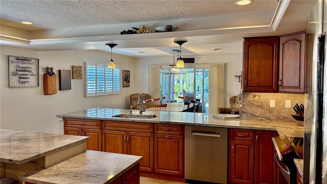 kitchen featuring a peninsula, stainless steel dishwasher, a raised ceiling, and a wealth of natural light