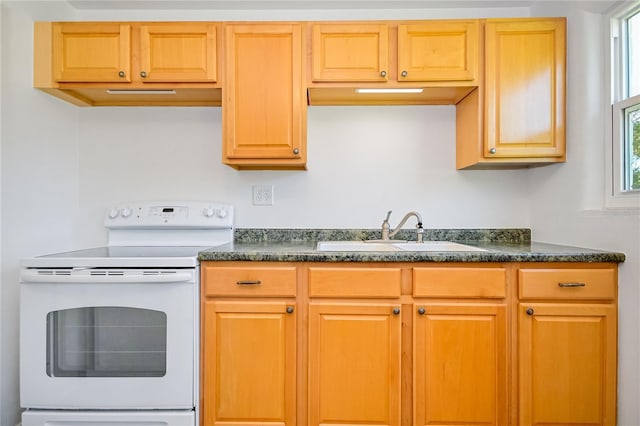 kitchen featuring electric stove, dark countertops, and a sink