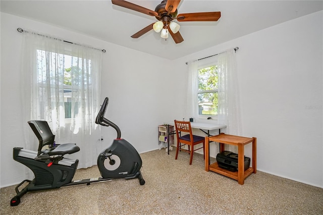 workout area featuring ceiling fan and carpet