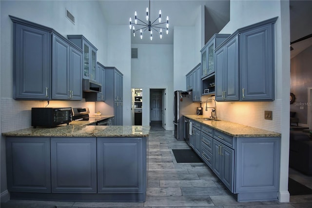 kitchen with electric stove, a toaster, a sink, ventilation hood, and blue cabinets