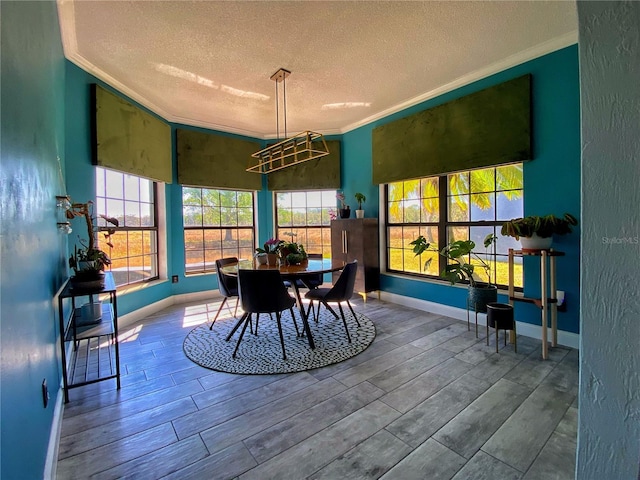 dining space with a textured ceiling, baseboards, wood finished floors, and crown molding