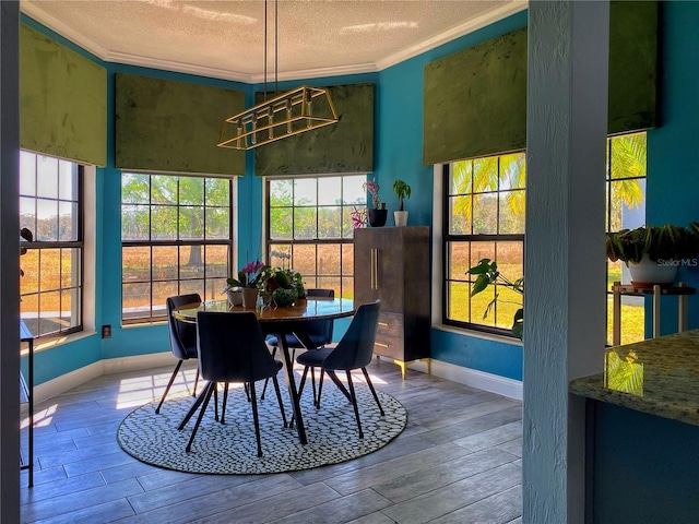 dining area with plenty of natural light, crown molding, a textured ceiling, and wood finished floors