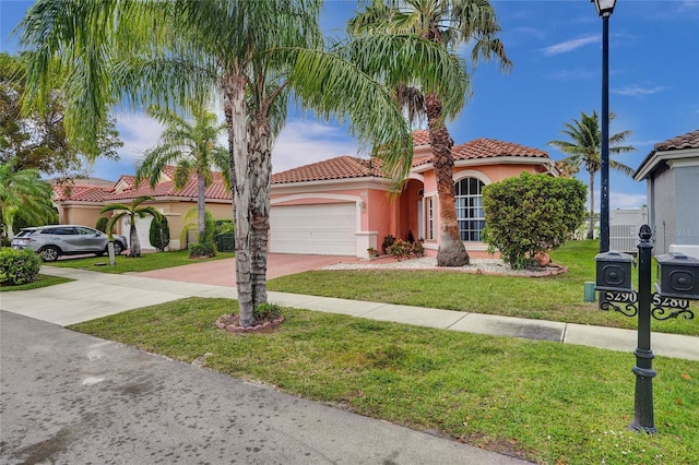 mediterranean / spanish-style home featuring a tile roof, an attached garage, decorative driveway, a front yard, and stucco siding