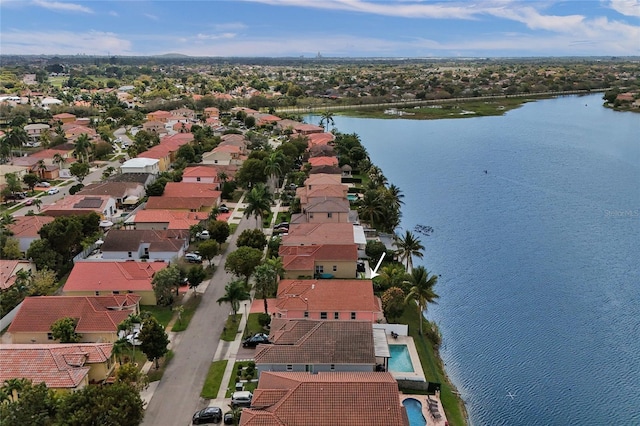 bird's eye view featuring a water view and a residential view