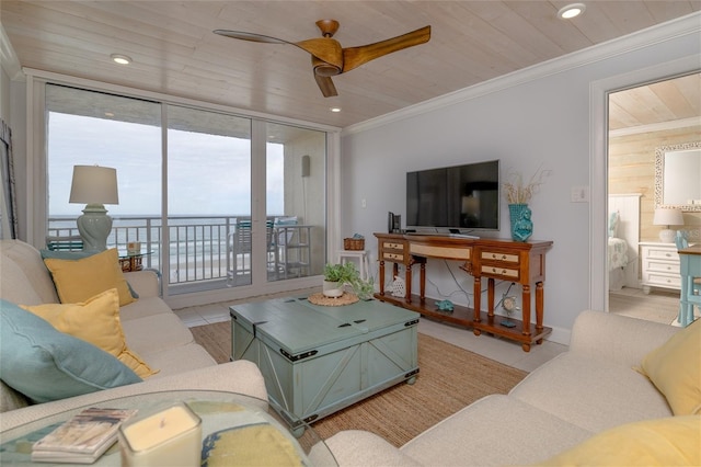 living area featuring recessed lighting, wood ceiling, a ceiling fan, ornamental molding, and a wall of windows