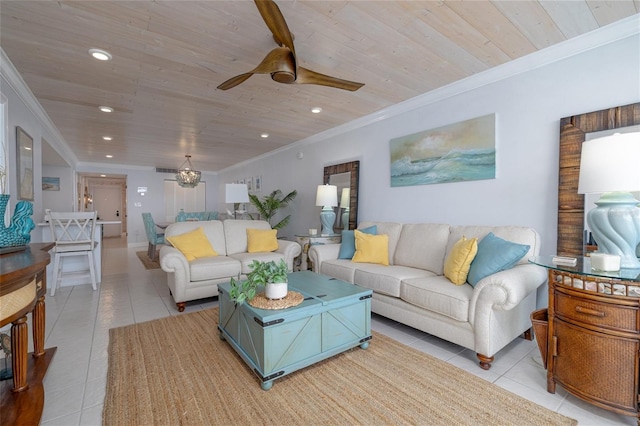 living area with ornamental molding, wood ceiling, and light tile patterned floors