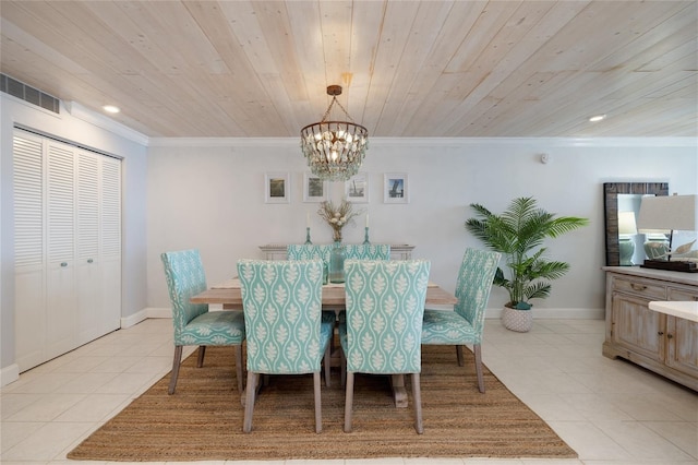 dining room featuring wood ceiling, visible vents, crown molding, and light tile patterned floors