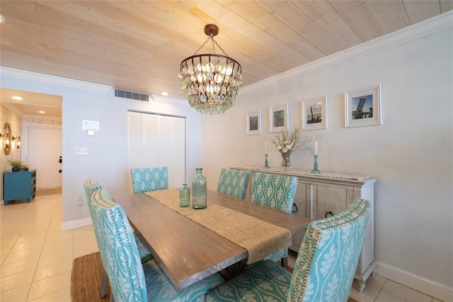 dining space featuring ornamental molding, wooden ceiling, baseboards, and tile patterned floors