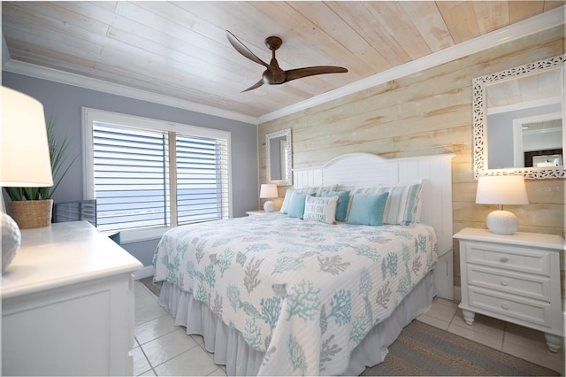 bedroom with light tile patterned floors, ornamental molding, and wooden ceiling