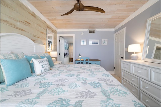 bedroom featuring a ceiling fan, wood ceiling, visible vents, and crown molding