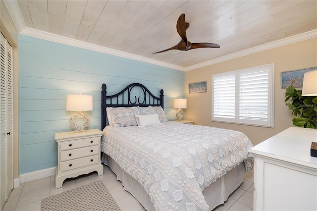 bedroom with ornamental molding, wood ceiling, and light tile patterned floors