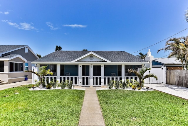 bungalow with covered porch, a shingled roof, a front yard, and fence