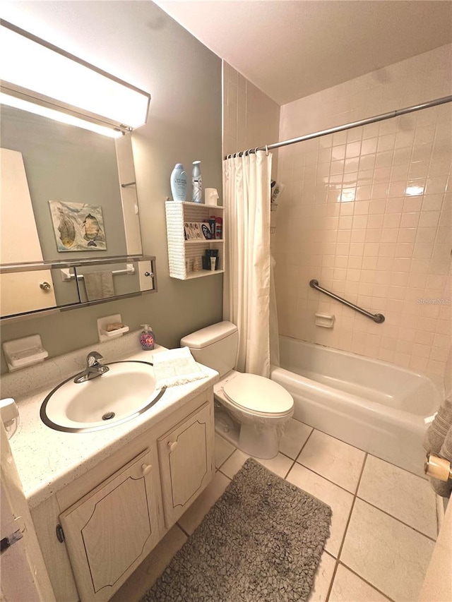 bathroom with tile patterned flooring, shower / tub combo with curtain, vanity, and toilet