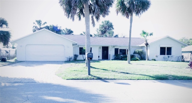 ranch-style home with a garage, driveway, a front lawn, and stucco siding