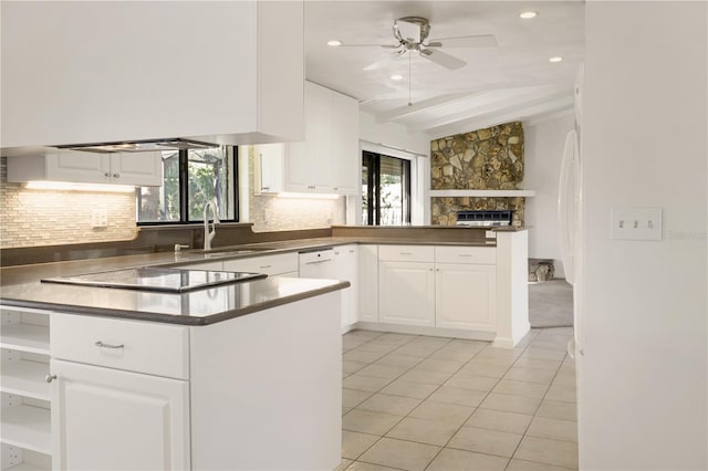 kitchen featuring a wealth of natural light, white dishwasher, and a peninsula