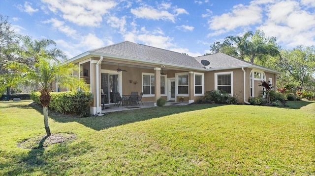 rear view of property featuring a yard, a patio area, a ceiling fan, and stucco siding