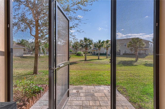 exterior space featuring stone finish flooring