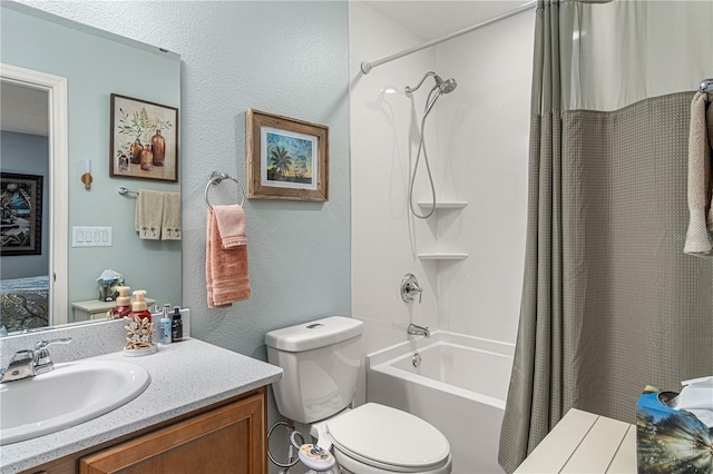 full bathroom featuring a textured wall, toilet, vanity, ensuite bath, and shower / bathtub combination with curtain