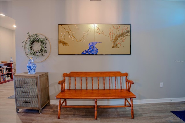 sitting room with baseboards and wood finished floors