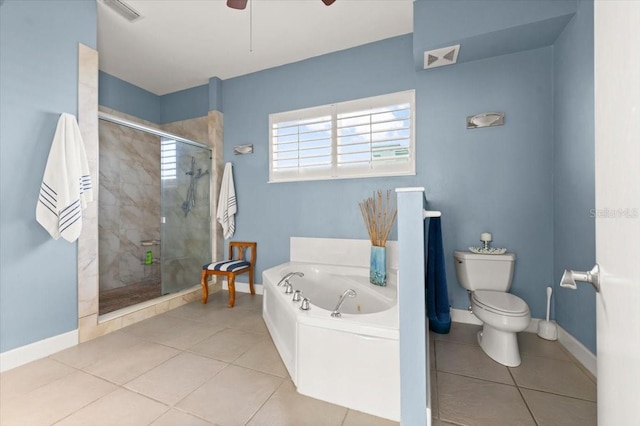 bathroom with visible vents, toilet, tile patterned floors, a shower stall, and a bath