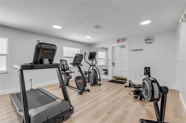 407 Bouchelle Dr Unit 205, New Smyrna Beach, FL 32169 - workout room with a healthy amount of sunlight, visible vents, baseboards, and wood finished floors