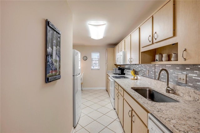 kitchen featuring open shelves, light tile patterned floors, backsplash, a sink, and white appliances