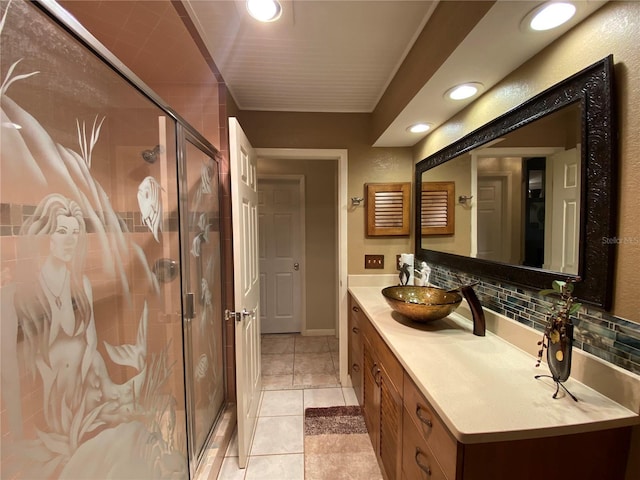 bathroom with a shower stall, decorative backsplash, recessed lighting, tile patterned floors, and vanity