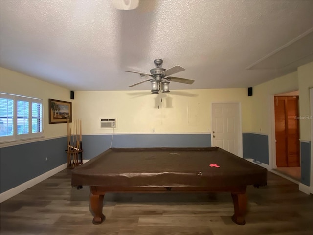 game room with a ceiling fan, wood finished floors, pool table, and a textured ceiling