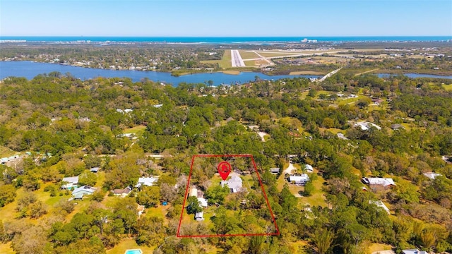 1370 Jane Lacey Ln, New Smyrna Beach, FL 32168 - aerial view of property and surrounding area featuring property parcel outlined, a large body of water, and a heavily wooded area