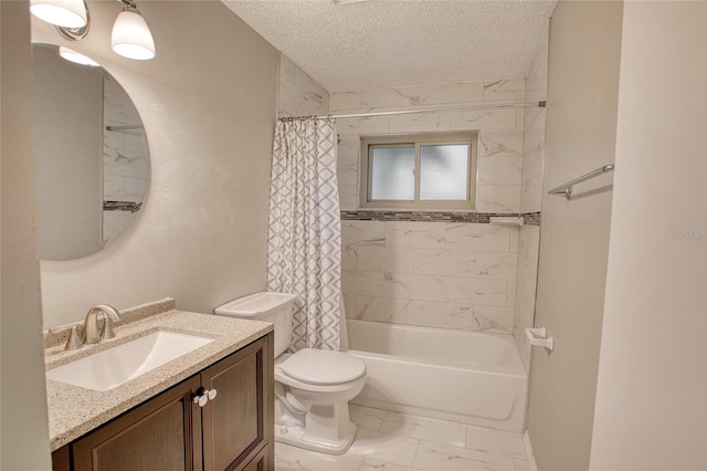 bathroom with marble finish floor, toilet, shower / bath combo, a textured ceiling, and vanity