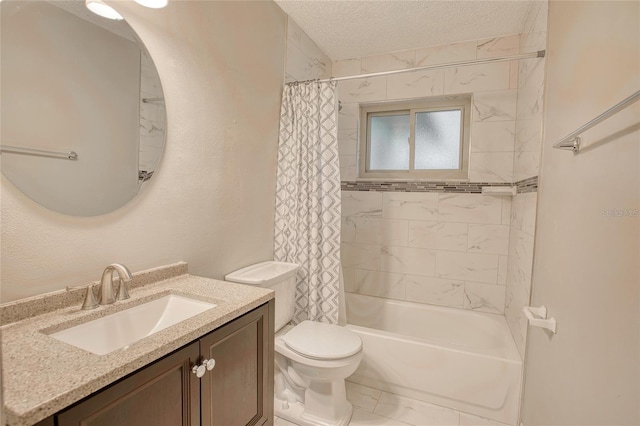 bathroom featuring toilet, shower / bath combination with curtain, a textured ceiling, and vanity