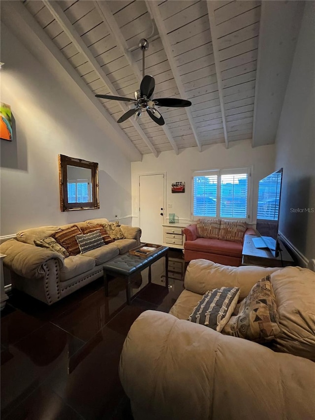 living area featuring wooden ceiling, a ceiling fan, high vaulted ceiling, and beam ceiling