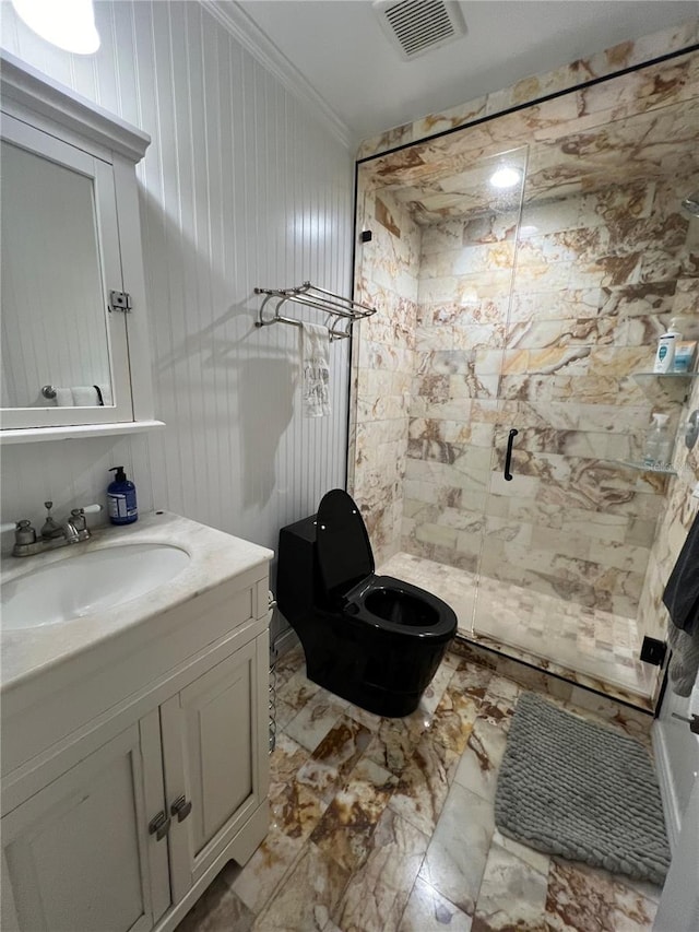 bathroom with crown molding, visible vents, toilet, a stall shower, and vanity