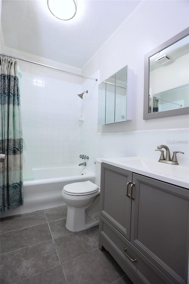 full bathroom with vanity, shower / bath combination with curtain, toilet, and crown molding