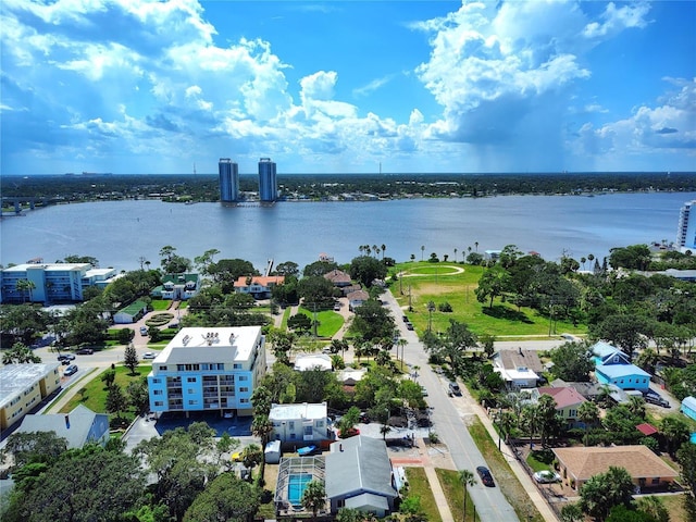 birds eye view of property featuring a water view