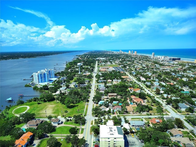 bird's eye view with a water view