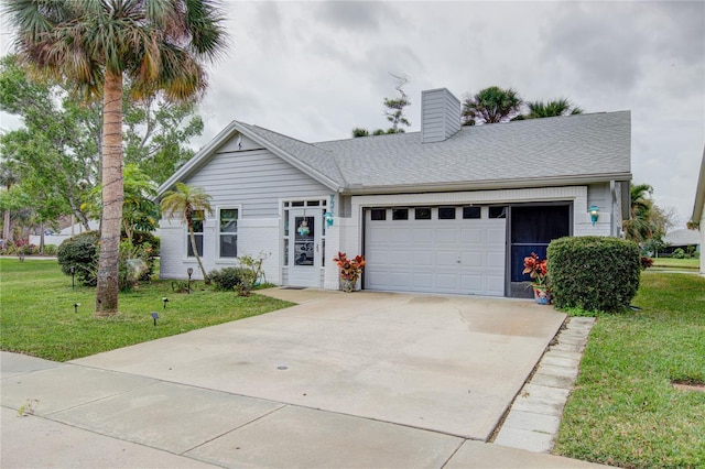 single story home featuring roof with shingles, a chimney, an attached garage, driveway, and a front lawn